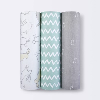  3 muslin swaddle baby blankets with bunny prints